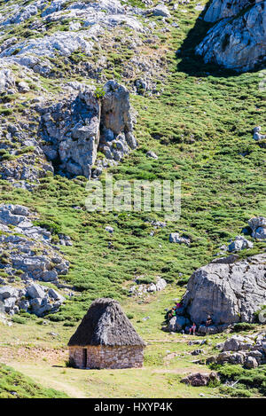 Stein-Hütte mit Strohdach im Saliencia-Tal. Somiedo, Fürstentum Asturien, Spanien, Europa Stockfoto