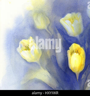 gelbe Tulpen auf blauem Hintergrund Aquarell Stockfoto