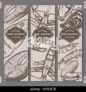 Drei vertikale Banner mit Fisch, Garnelen, Hummer, Austern Vintage Skizzen. Stock Vektor