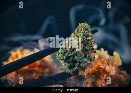 Makro-Detail von Cannabis Knospe "schwarze Thunfisch" Marihuana-Sorte statt mit Sushi-Stäbchen Stockfoto