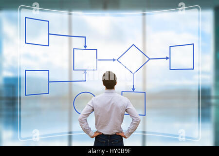 Business Prozess Management und Automatisierung-Konzept mit einem Workflow-Flussdiagramm auf einem digitalen Bildschirm und ein Geschäftsmann Stockfoto