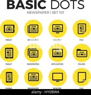 Zeitung, die flache Symbole mit Tablet, Datei und Ordner festgelegt isoliert Vektor-Illustration auf weiß Stock Vektor
