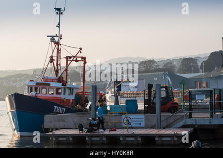 Teignmouth Trawler, andocken, um den Fang von Fischen auf dem Fisch-Kai in Teignmouth, Devon, UK zu entladen. Zwei junge Männer sind auch auf einem Ponton Angeln. Stockfoto