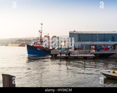 Teignmouth Trawler, andocken, um den Fang von Fischen auf dem Fisch-Kai in Teignmouth, Devon, UK zu entladen. Zwei junge Männer sind auch auf einem Ponton Angeln. Stockfoto