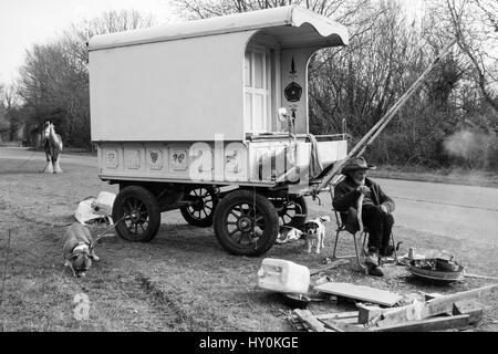 Ältere Reisende und sein Pferd und zwei Hunde sitzen außerhalb seiner traditionellen Wagen von einem Kohlenbecken Stockfoto