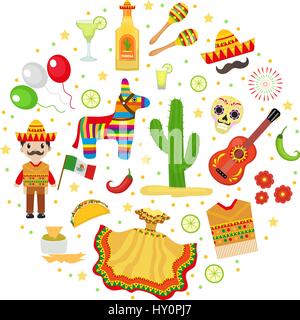 Cinco De Mayo-Feier in Mexiko, Runde Icons set in Form, Design-Element, flachen Stil. Vektor-Illustration. Stock Vektor