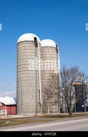 Ein vertikales Bild von zwei weiße Spitze Bauernhof Silos in ländlichen Ontario Kanada. Stockfoto