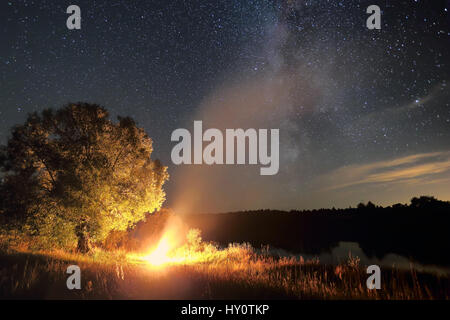 Nacht reisen Hintergrund. Feuer in der Nacht unter Sternenhimmel. Milchstraße über Baum Lagerfeuer beleuchtet. Schöne Nacht-Landschaft. Einsamer Baum und bon Stockfoto