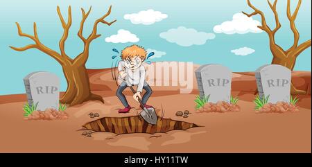Szene mit Mann Loch in Friedhof Abbildung Stock Vektor