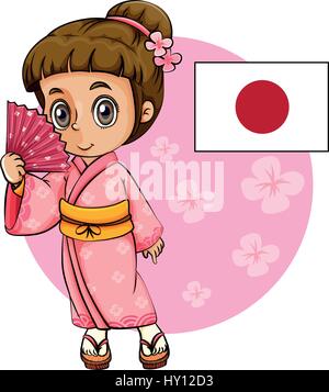 Japanische Mädchen in rosa Kimono und Japan Flagge illustration Stock Vektor