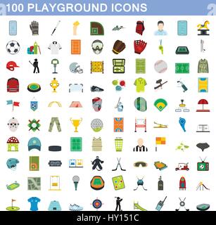 100 Spielplatz Symbole festlegen, flache Stil Stock Vektor