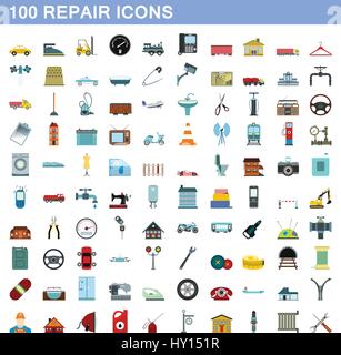 100 Symbole Reparaturset, flachen Stil Stock Vektor