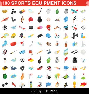 100 Sportarten Symbole Unterhaltungsausstattung, isometrischen 3d Stil Stock Vektor