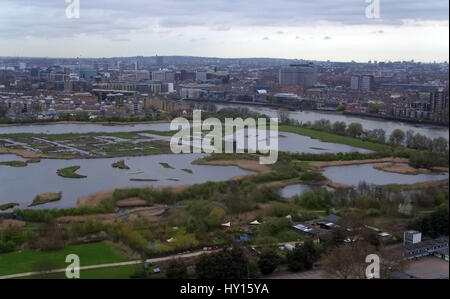 Eine Luftaufnahme des London Wetlands Centers in Barnes, Süd-west-London. Stockfoto