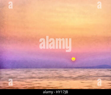 Digitales Aquarell eines Sonnenuntergangs auf Sithonia (Longos), Mitte-Süd Teil auf der Halbinsel Chalkidiki in Griechenland. Stockfoto