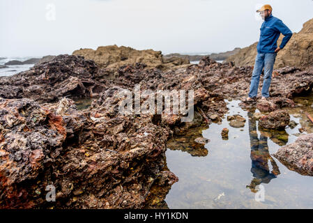 Ein Mann betrachtet verwitterten Müll gemischt w / Felsen rund um Gezeiten-Pools in Glass Beach, MacKerricher State Park, Fort Bragg, einer ehemaligen Müllkippe Stockfoto