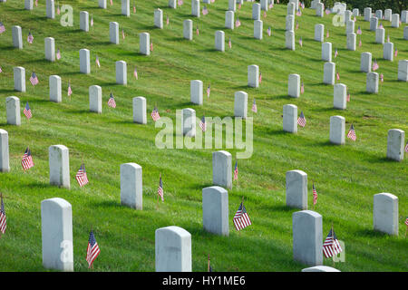 Reihen von Grabsteinen mit amerikanischen Flaggen auf dem Arlington National Cemetery am Memorial Day Stockfoto