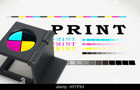 Lupe stehen auf Farbe Test Papier gedruckt wird. 3D Illustration. Stockfoto