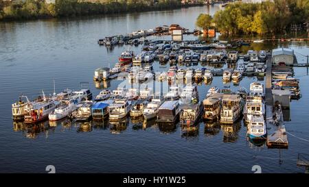 Belgrad, Serbien - Boote, die in einer Marina am Fluss Sava festgemacht sind Stockfoto