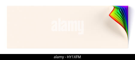 Leere Banner Mockup mit Regenbogen farbige gewellt Ecke. Grafisches Gestaltungselement. Business corporate Identity, Werbung, Webseite, Plakat mit Drehung Stockfoto