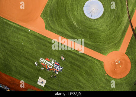St. Petersburg, Florida, USA. 31. März 2017. WILL VRAGOVIC | Times.Seen von den Laufstegen über dem Feld, arbeitet die Anlage Crew auf die Malerei der Eröffnungswoche Logo entlang der dritten Base im Tropicana Field in St. Petersburg, Florida am Freitag, 31. März 2017. Bildnachweis: Willen Vragovic/Tampa Bay Times / ZUMA Draht/Alamy Live News Stockfoto