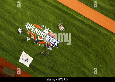 St. Petersburg, Florida, USA. 31. März 2017. WILL VRAGOVIC | Times.Seen von den Laufstegen über dem Feld, arbeitet die Anlage Crew auf die Malerei der Eröffnungswoche Logo entlang der dritten Base im Tropicana Field in St. Petersburg, Florida am Freitag, 31. März 2017. Bildnachweis: Willen Vragovic/Tampa Bay Times / ZUMA Draht/Alamy Live News Stockfoto