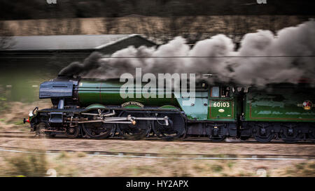 Ribblehead, UK. 31. März 2017. Fliegende Schotte Befugnisse in Keighley auf die Rückkehr von Wiedereröffnung des Settle Carlisle Linie. Die Strecke wurde 9. Februar 2016 aufgrund eines Erdrutsches gesperrt. Reparaturen Kosten £23 M Credit: Graham Eva/Alamy Live News Stockfoto