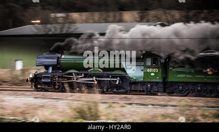 Ribblehead, UK. 31. März 2017. Fliegende Schotte Befugnisse in Keighley auf die Rückkehr von Wiedereröffnung des Settle Carlisle Linie. Die Strecke wurde 9. Februar 2016 aufgrund eines Erdrutsches gesperrt. Reparaturen Kosten £23 M Credit: Graham Eva/Alamy Live News Stockfoto