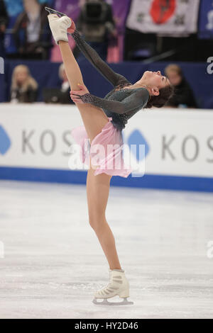 Helsinki. 31. März 2017. Evgenia Medvedeva Russlands führt während Damen Kür bei ISU Eiskunstlauf Weltmeisterschaften 2017 in Helsinki, Finnland am 31. März 2017. Medvedeva nahm den 1. Platz der Damen Eiskunstlauf mit 233,41 Punkten. Bildnachweis: Matti Matikainen/Xinhua/Alamy Live-Nachrichten Stockfoto