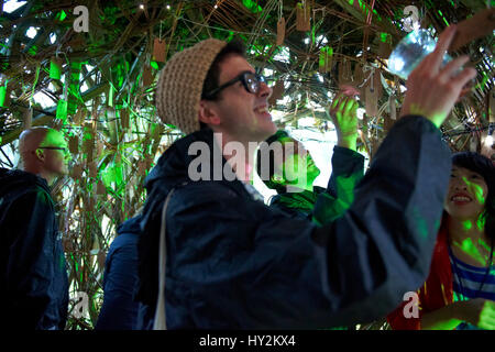 Menschen unter dem Wunsch Baum, Green Man-Festival, Wales Stockfoto