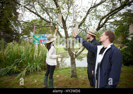 Menschen unter dem Wunsch Baum, Green Man-Festival, Wales Stockfoto