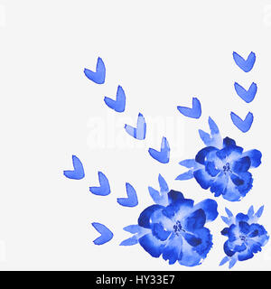 Blauen Aquarell Blumen mit blauen Blättern Stockfoto