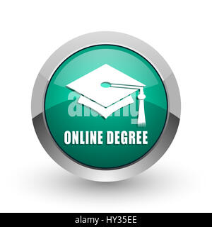 Online-Abschluss metallic Silberchrom Webdesign grüne runde Symbol "Internet" mit Schatten auf weißem Hintergrund. Stockfoto