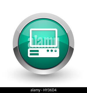 Computer Webdesign metallic Silberchrom grüne runde Symbol "Internet" mit Schatten auf weißem Hintergrund. Stockfoto