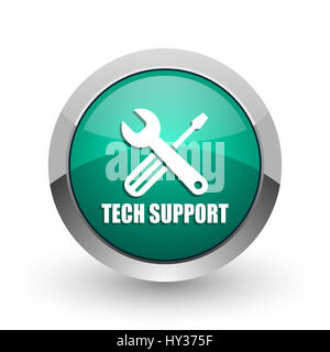 Technischer Support metallic Silberchrom Web Design grün Runde Symbol "Internet" mit Schatten auf weißem Hintergrund. Stockfoto