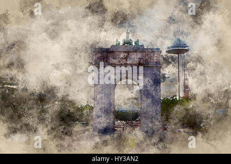 Arco De La Victoria in Madrid in Spanien. In Aquarell Hintergrund. Stockfoto