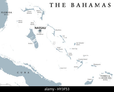 Politische Karte mit Hauptstadt Nassau Bahamas. Commonwealth und Inselstaat innerhalb des Lucayan-Archipels im Atlantischen Ozean. Stockfoto