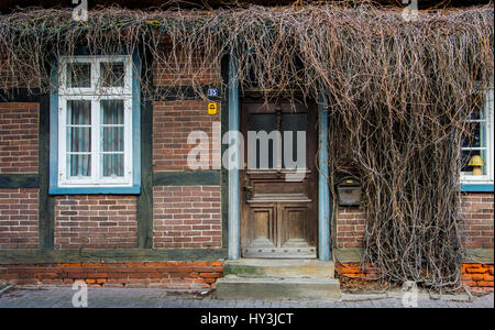Fassade eines Bauernhauses mit Fachwerk und Ranken Stockfoto