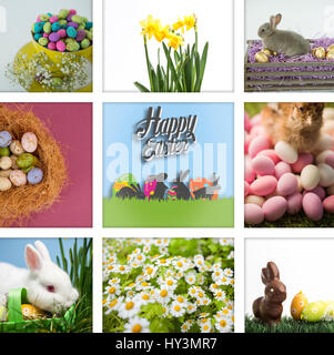 Frohe Ostern gegen die Tasse gefüllt mit bunten Schokoladeneier und weiße Blume Stockfoto