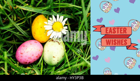 TE252 hndr easter frames mix 2 gegen kleine Ostereier eingebettet in den Rasen mit einem Gänseblümchen Stockfoto