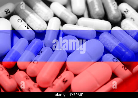 Tabletten und Russland Flagge, doping-Skandal, Tabletten Und Russland-Fahne, Doping-Skandal Stockfoto