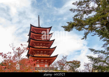 Fünfstöckige Pagode mit herbstlichen Farbe Baum in Miyajima, Japan Stockfoto