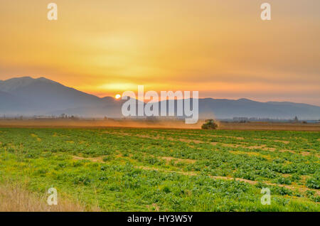 Sonnenuntergang - ländlichen Maschine arbeitet im Bereich der Landwirtschaft Stockfoto
