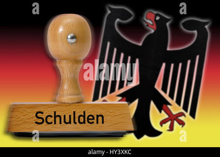 Stempel mit dem Label Schulden, deutsche Bundesadler und Nationalfarben, Stempel Mit der Aufschrift Schulden, Deutscher Bundesadler Und Nationalfarben Stockfoto