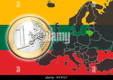 Flagge Litauens, Europakarte und Eurocoin, Einführung des Euro in Litauen, Fahne von Litauen, Europakarte Und Euromuenze, Euro-Einfuehrung in Litau Stockfoto