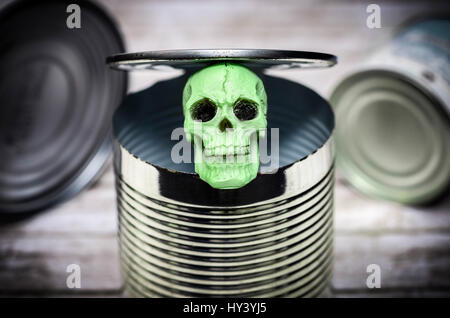 Totenschädel in Konserven Zinn beschichtet, schädigenden Bisphenol A in Konserven Dosen, Totenkopf in Beschichteter Konservendose, Schaedliches Bisphenol A Stockfoto