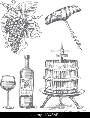 Presse für Trauben zu skizzieren, Korkenzieher Wein Flasche und Glas im Vintage-Stil, gravierte Holzschnitt Abbildung Notizbrett Stock Vektor