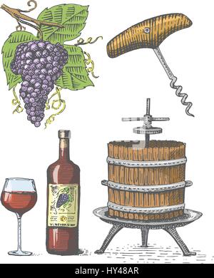 Presse für Trauben zu skizzieren, Korkenzieher Wein Flasche und Glas im Vintage-Stil, gravierte Holzschnitt Abbildung Notizbrett Stock Vektor