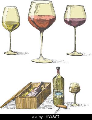 Weinflasche in Box mit Korkenzieher und Baum Becher oder Gläser hand gezeichnete gravierte alt aussehende Vintage Illustration im Notizbrett Tatoo Stil Stock Vektor