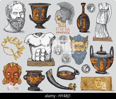 Antike Symbole antike Sokrates Kopf, Lorbeerkranz, Athena-Statue und Satyr Gesicht mit Münzen, Amphoren, Vase, Herakles Jahrgang, gravierte handgezeichnete Skizze oder Holz schneiden Stil, alt. Stock Vektor